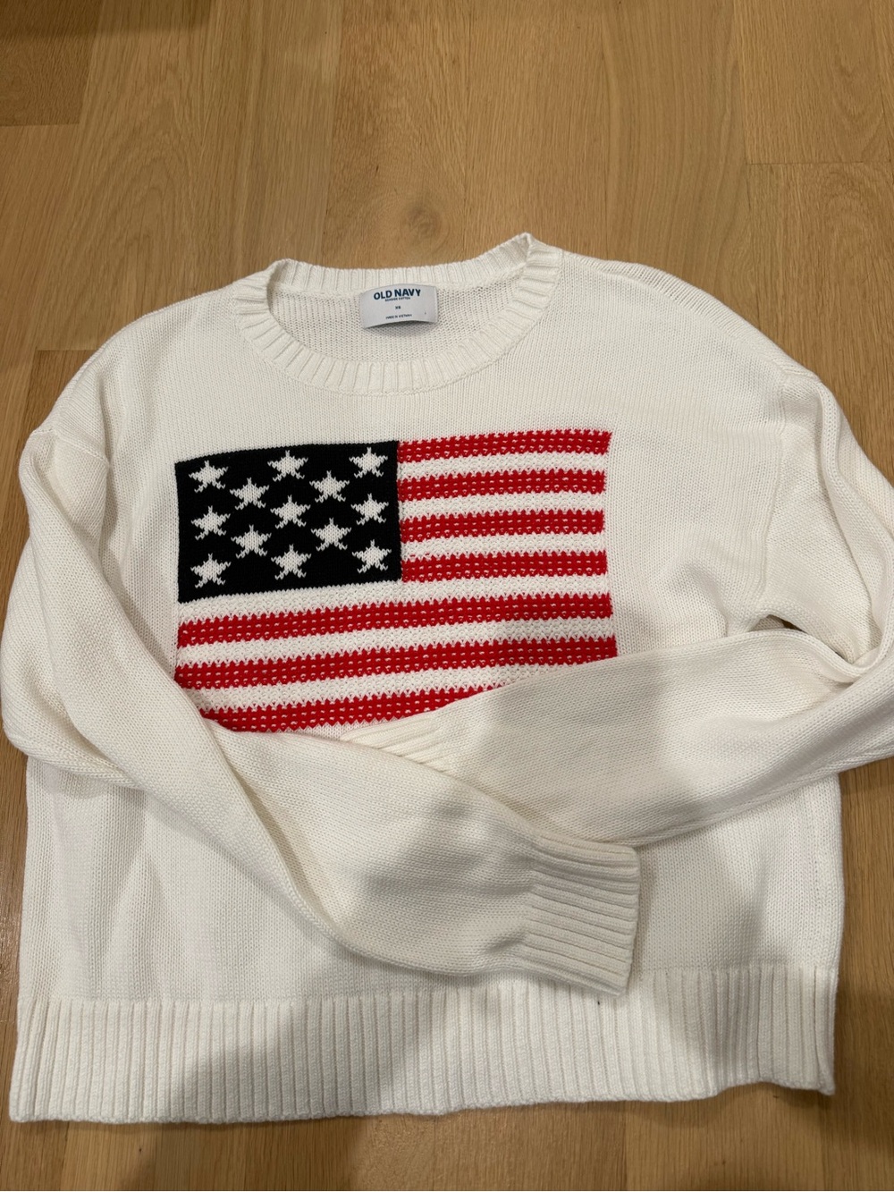 Old Navy White Crewneck Sweater with Red & Navy Flag Graphic